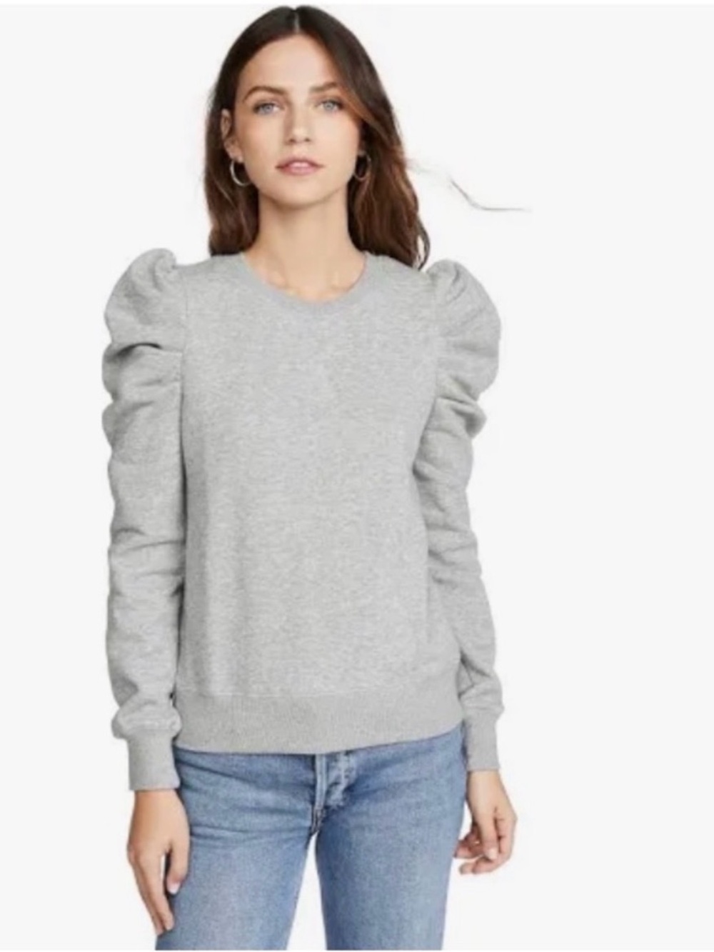 Rebecca Minkoff Janine Light Gray Puff Sleeve Crewneck Sweater